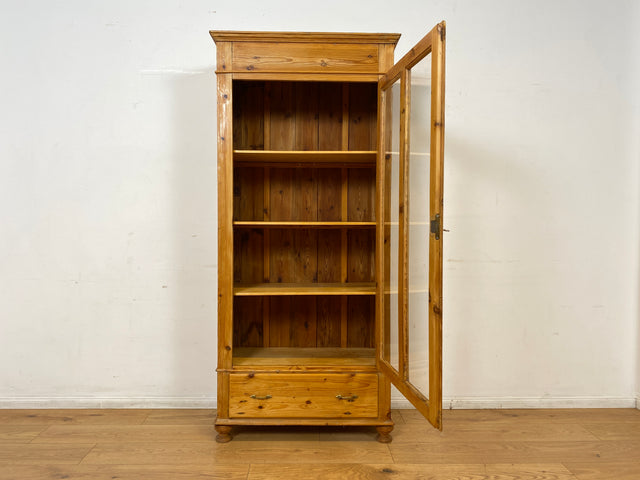 WMK I Eleganter antiker Schrank aus massivem Kiefernholz mit Glastüren & Schublade