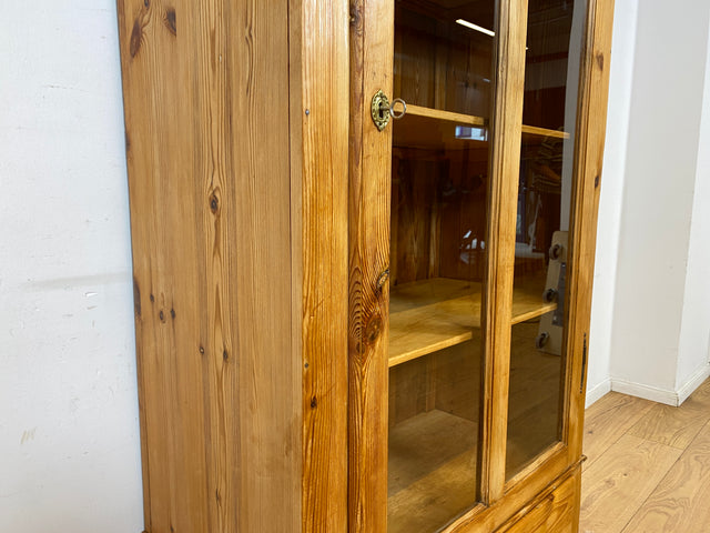 WMK I Eleganter antiker Schrank aus massivem Kiefernholz mit Glastüren & Schublade