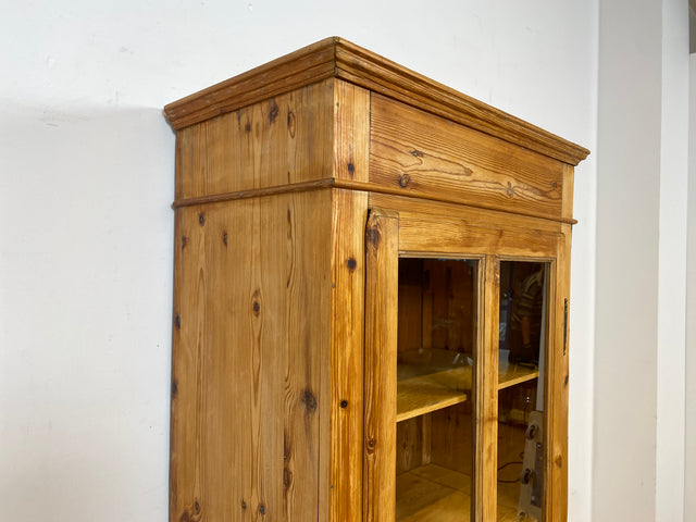 WMK I Eleganter antiker Schrank aus massivem Kiefernholz mit Glastüren & Schublade