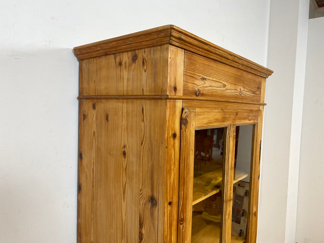 WMK I Eleganter antiker Schrank aus massivem Kiefernholz mit Glastüren & Schublade