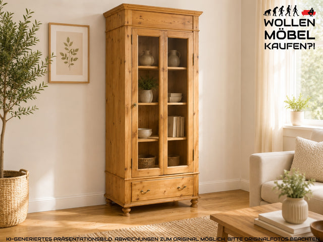 WMK I Eleganter antiker Schrank aus massivem Kiefernholz mit Glastüren & Schublade
