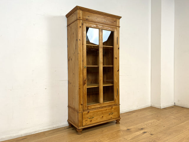 WMK I Eleganter antiker Schrank aus massivem Kiefernholz mit Glastüren & Schublade