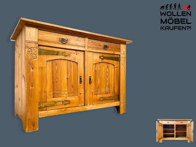 Wunderschöner handverzierter heller antiker Schrank mit Schubladen und Messingbeschlägen I Vollholz I Anrichte Kommode Weichholzkommode Büfett Buffet Jugendstil Vintage I