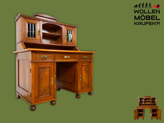 WMK I Imposanter antiker Schreibtisch , Vollholz, mit Aufsatz, Vitrine & Lederschreibunterlage I Aufsatzschreibtisch Sekretär Schreibschrank Desk Homeoffice Jugendstil Vintage I