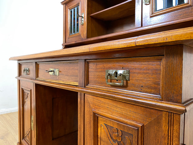WMK I Imposanter antiker Schreibtisch , Vollholz, mit Aufsatz, Vitrine & Lederschreibunterlage I Aufsatzschreibtisch Sekretär Schreibschrank Desk Homeoffice Jugendstil Vintage I