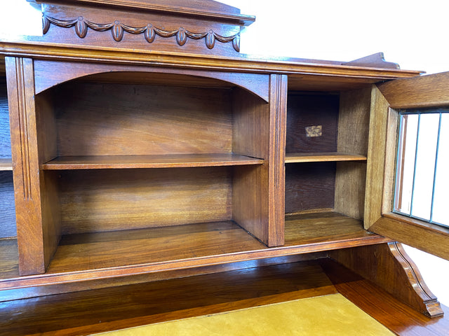 WMK I Imposanter antiker Schreibtisch , Vollholz, mit Aufsatz, Vitrine & Lederschreibunterlage I Aufsatzschreibtisch Sekretär Schreibschrank Desk Homeoffice Jugendstil Vintage I