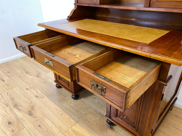 WMK I Imposanter antiker Schreibtisch , Vollholz, mit Aufsatz, Vitrine & Lederschreibunterlage I Aufsatzschreibtisch Sekretär Schreibschrank Desk Homeoffice Jugendstil Vintage I