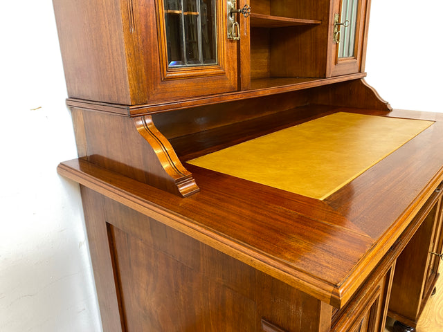 WMK I Imposanter antiker Schreibtisch , Vollholz, mit Aufsatz, Vitrine & Lederschreibunterlage I Aufsatzschreibtisch Sekretär Schreibschrank Desk Homeoffice Jugendstil Vintage I