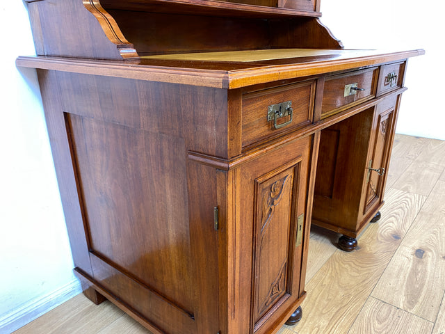 WMK I Imposanter antiker Schreibtisch , Vollholz, mit Aufsatz, Vitrine & Lederschreibunterlage I Aufsatzschreibtisch Sekretär Schreibschrank Desk Homeoffice Jugendstil Vintage I
