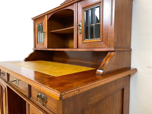 WMK I Imposanter antiker Schreibtisch , Vollholz, mit Aufsatz, Vitrine & Lederschreibunterlage I Aufsatzschreibtisch Sekretär Schreibschrank Desk Homeoffice Jugendstil Vintage I