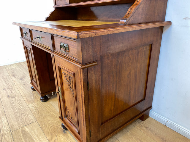 WMK I Imposanter antiker Schreibtisch , Vollholz, mit Aufsatz, Vitrine & Lederschreibunterlage I Aufsatzschreibtisch Sekretär Schreibschrank Desk Homeoffice Jugendstil Vintage I