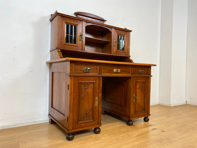 WMK I Imposanter antiker Schreibtisch , Vollholz, mit Aufsatz, Vitrine & Lederschreibunterlage I Aufsatzschreibtisch Sekretär Schreibschrank Desk Homeoffice Jugendstil Vintage I