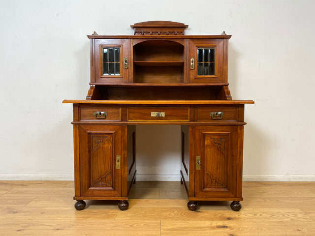 WMK I Imposanter antiker Schreibtisch , Vollholz, mit Aufsatz, Vitrine & Lederschreibunterlage I Aufsatzschreibtisch Sekretär Schreibschrank Desk Homeoffice Jugendstil Vintage I