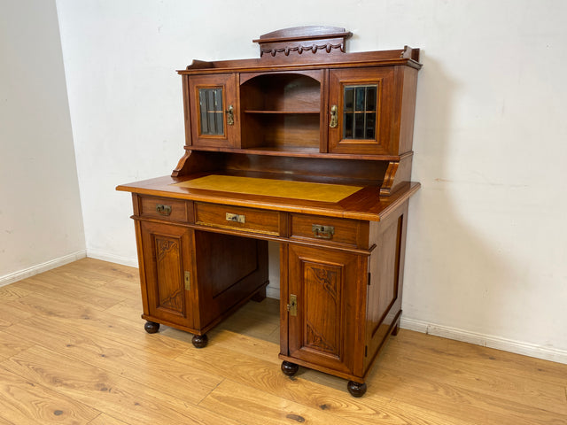 WMK I Imposanter antiker Schreibtisch , Vollholz, mit Aufsatz, Vitrine & Lederschreibunterlage I Aufsatzschreibtisch Sekretär Schreibschrank Desk Homeoffice Jugendstil Vintage I