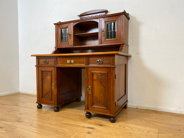 WMK I Imposanter antiker Schreibtisch , Vollholz, mit Aufsatz, Vitrine & Lederschreibunterlage I Aufsatzschreibtisch Sekretär Schreibschrank Desk Homeoffice Jugendstil Vintage I