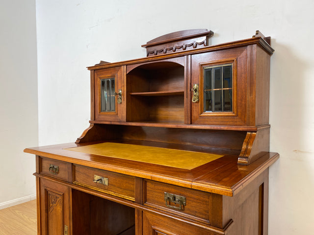 WMK I Imposanter antiker Schreibtisch , Vollholz, mit Aufsatz, Vitrine & Lederschreibunterlage I Aufsatzschreibtisch Sekretär Schreibschrank Desk Homeoffice Jugendstil Vintage I