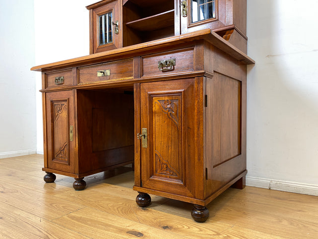 WMK I Imposanter antiker Schreibtisch , Vollholz, mit Aufsatz, Vitrine & Lederschreibunterlage I Aufsatzschreibtisch Sekretär Schreibschrank Desk Homeoffice Jugendstil Vintage I