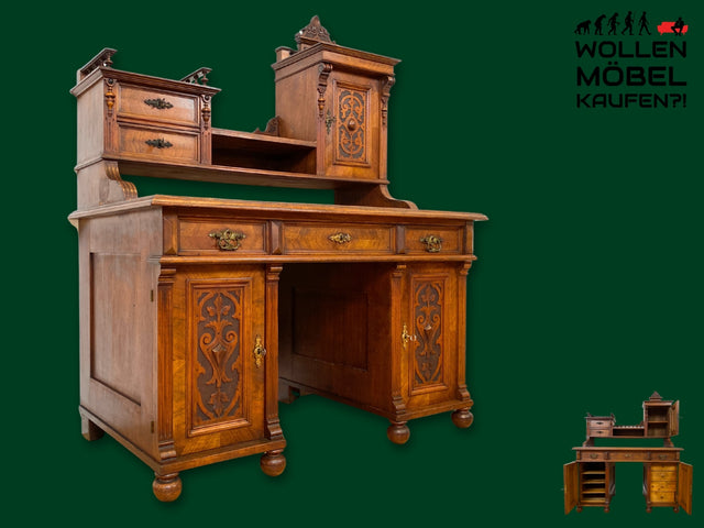 Wunderschöner antiker Schreibtisch mit Aufsatz, gedrechselten Balustern und kannelierten Pilastern I Aufsatzschreibtisch Sekretär Desk Gründerzeit Historismus Vintage I