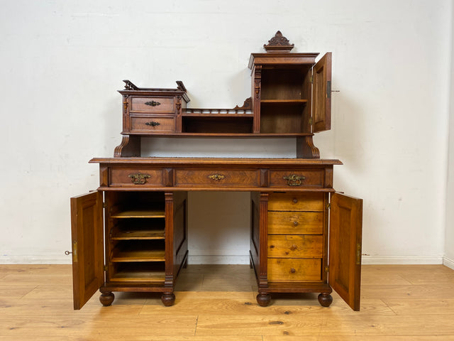 Wunderschöner antiker Schreibtisch mit Aufsatz, gedrechselten Balustern und kannelierten Pilastern I Aufsatzschreibtisch Sekretär Desk Gründerzeit Historismus Vintage I