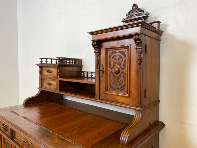 Wunderschöner antiker Schreibtisch mit Aufsatz, gedrechselten Balustern und kannelierten Pilastern I Aufsatzschreibtisch Sekretär Desk Gründerzeit Historismus Vintage I