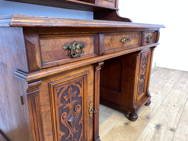 Wunderschöner antiker Schreibtisch mit Aufsatz, gedrechselten Balustern und kannelierten Pilastern I Aufsatzschreibtisch Sekretär Desk Gründerzeit Historismus Vintage I