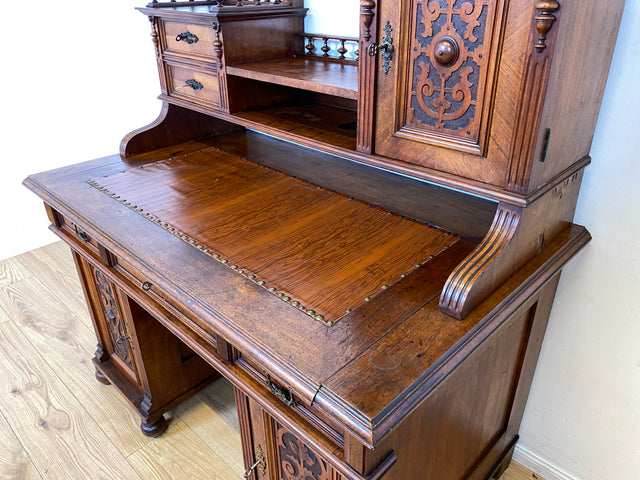 Wunderschöner antiker Schreibtisch mit Aufsatz, gedrechselten Balustern und kannelierten Pilastern I Aufsatzschreibtisch Sekretär Desk Gründerzeit Historismus Vintage I
