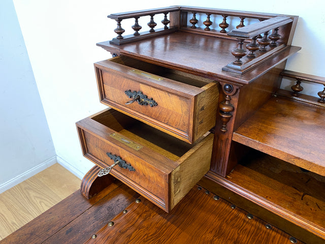 Wunderschöner antiker Schreibtisch mit Aufsatz, gedrechselten Balustern und kannelierten Pilastern I Aufsatzschreibtisch Sekretär Desk Gründerzeit Historismus Vintage I