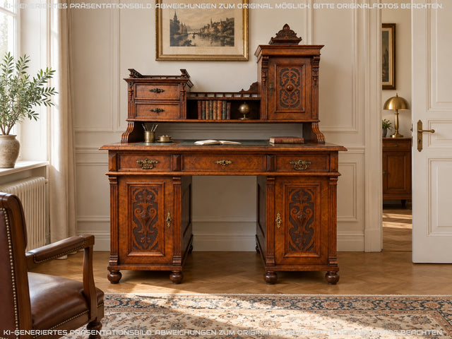 Wunderschöner antiker Schreibtisch mit Aufsatz, gedrechselten Balustern und kannelierten Pilastern I Aufsatzschreibtisch Sekretär Desk Gründerzeit Historismus Vintage I