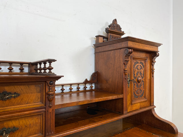 Wunderschöner antiker Schreibtisch mit Aufsatz, gedrechselten Balustern und kannelierten Pilastern I Aufsatzschreibtisch Sekretär Desk Gründerzeit Historismus Vintage I