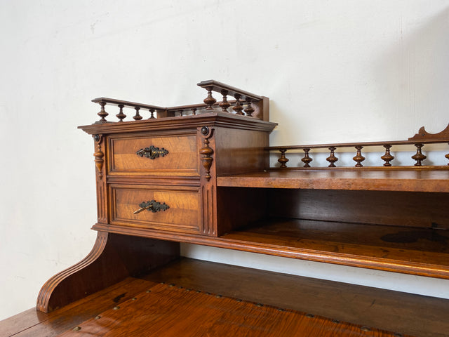 Wunderschöner antiker Schreibtisch mit Aufsatz, gedrechselten Balustern und kannelierten Pilastern I Aufsatzschreibtisch Sekretär Desk Gründerzeit Historismus Vintage I