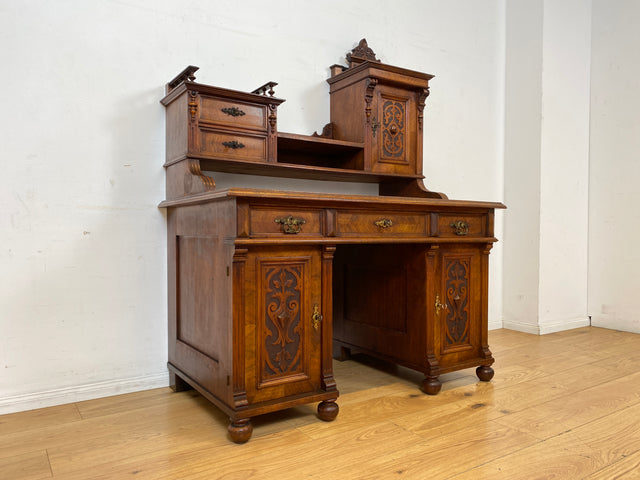 Wunderschöner antiker Schreibtisch mit Aufsatz, gedrechselten Balustern und kannelierten Pilastern I Aufsatzschreibtisch Sekretär Desk Gründerzeit Historismus Vintage I