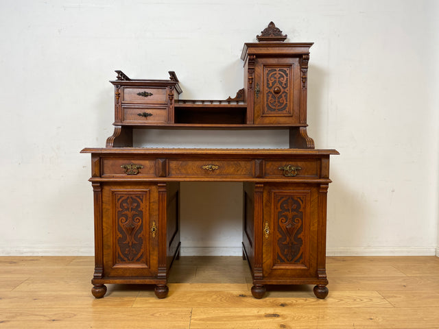 Wunderschöner antiker Schreibtisch mit Aufsatz, gedrechselten Balustern und kannelierten Pilastern I Aufsatzschreibtisch Sekretär Desk Gründerzeit Historismus Vintage I