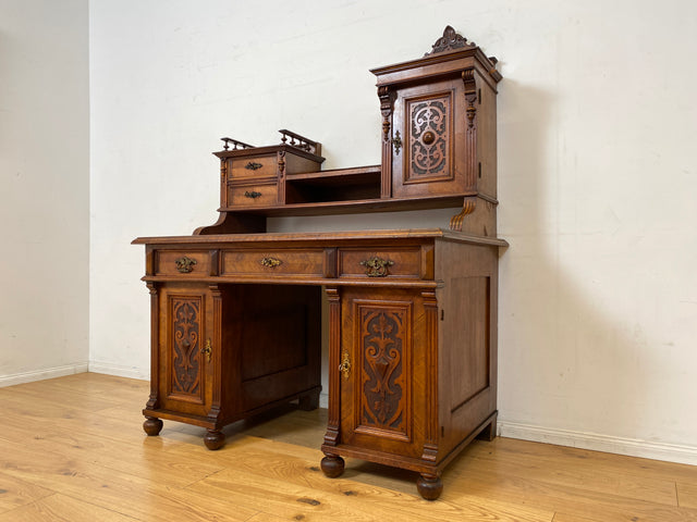 Wunderschöner antiker Schreibtisch mit Aufsatz, gedrechselten Balustern und kannelierten Pilastern I Aufsatzschreibtisch Sekretär Desk Gründerzeit Historismus Vintage I