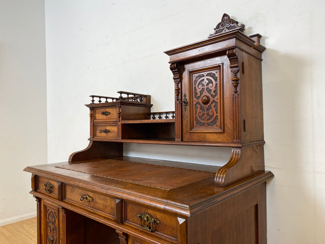Wunderschöner antiker Schreibtisch mit Aufsatz, gedrechselten Balustern und kannelierten Pilastern I Aufsatzschreibtisch Sekretär Desk Gründerzeit Historismus Vintage I