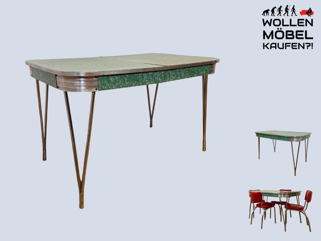 WMK I Kultiger ausziehbarer amerikanischer 50er Jahre Chromline Diner Table mit Resopal Tischplatte & Chrom Gestell I Tisch Esszimmertisch Küchentisch Rockabilly Mid-Century Space Age Vintage 50s