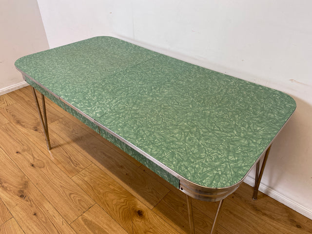 WMK I Kultiger ausziehbarer amerikanischer 50er Jahre Chromline Diner Table mit Resopal Tischplatte & Chrom Gestell