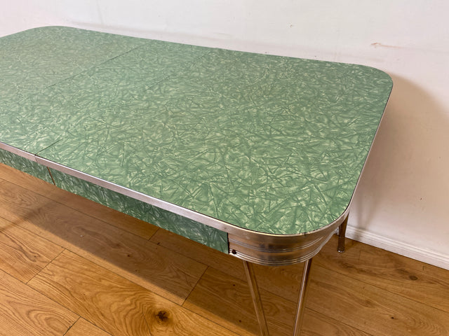 WMK I Kultiger ausziehbarer amerikanischer 50er Jahre Chromline Diner Table mit Resopal Tischplatte & Chrom Gestell