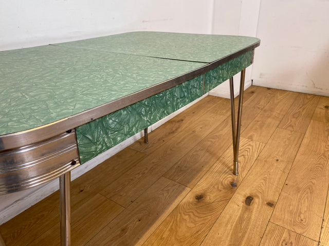 WMK I Kultiger ausziehbarer amerikanischer 50er Jahre Chromline Diner Table mit Resopal Tischplatte & Chrom Gestell