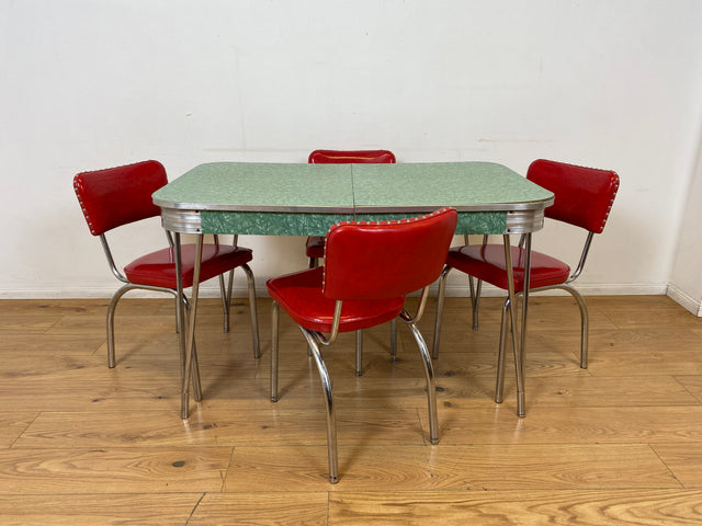 WMK I Kultiger ausziehbarer amerikanischer 50er Jahre Chromline Diner Table mit Resopal Tischplatte & Chrom Gestell