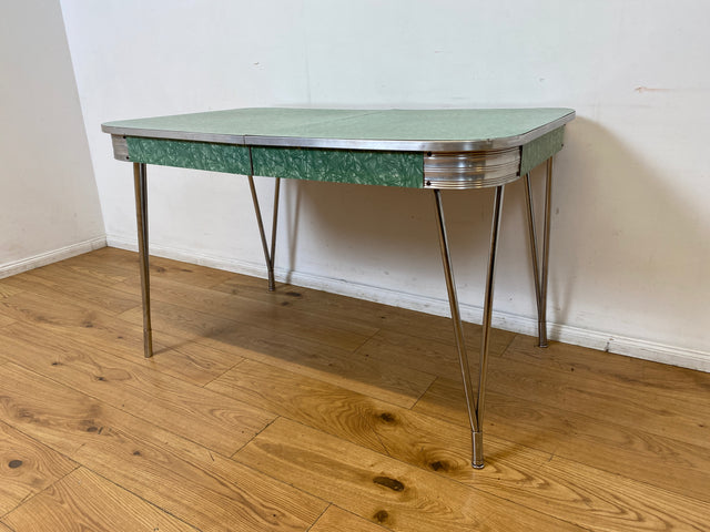 WMK I Kultiger ausziehbarer amerikanischer 50er Jahre Chromline Diner Table mit Resopal Tischplatte & Chrom Gestell