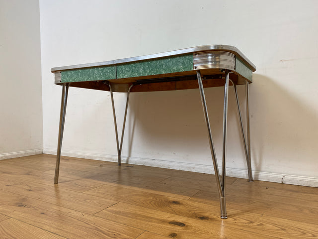 WMK I Kultiger ausziehbarer amerikanischer 50er Jahre Chromline Diner Table mit Resopal Tischplatte & Chrom Gestell