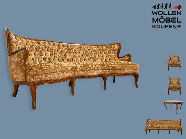 Wunderschönes Chippendale Sofa mit handverziertem Holzrahmen, samtartigem Brokat Bezug in Altrosa und gemütlichem Federkern I Couch Sitzgarnitur Barock Vintage Stilmöbel I
