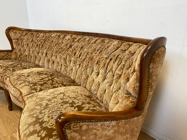 Wunderschönes Chippendale Sofa mit handverziertem Holzrahmen, samtartigem Brokat Bezug in Altrosa und gemütlichem Federkern I Couch Sitzgarnitur Barock Vintage Stilmöbel I