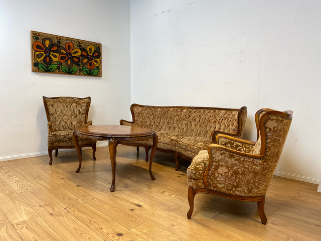 Wunderschönes Chippendale Sofa mit handverziertem Holzrahmen, samtartigem Brokat Bezug in Altrosa und gemütlichem Federkern I Couch Sitzgarnitur Barock Vintage Stilmöbel I