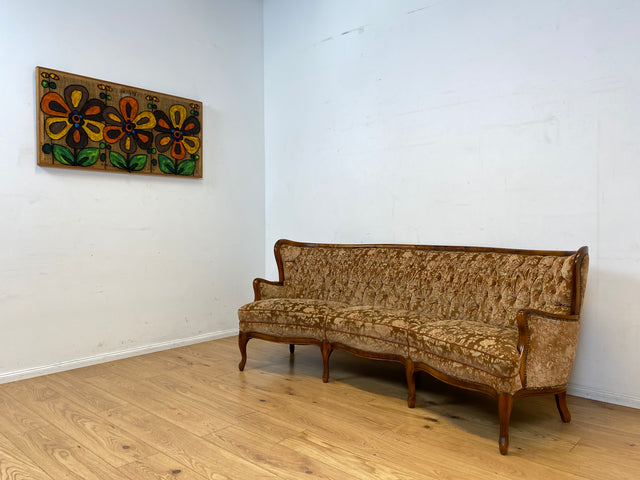 Wunderschönes Chippendale Sofa mit handverziertem Holzrahmen, samtartigem Brokat Bezug in Altrosa und gemütlichem Federkern I Couch Sitzgarnitur Barock Vintage Stilmöbel I