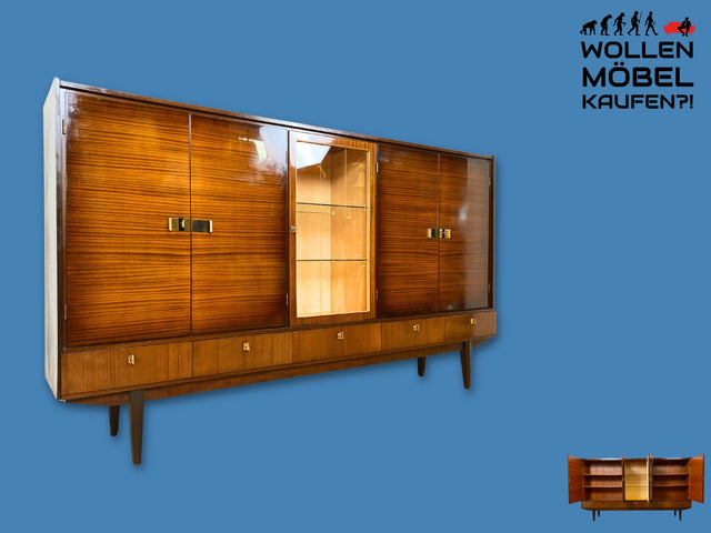 Besonders schöner dunkler Hochglanz Mid-Century Wohnzimmerschrank mit Vitrine und Schubladen I Schrankwand Highboard Sideboard Buffet Anrichte Wohnwand Vintage 50er 60er I