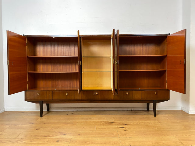 Besonders schöner dunkler Hochglanz Mid-Century Wohnzimmerschrank mit Vitrine und Schubladen I Schrankwand Highboard Sideboard Buffet Anrichte Wohnwand Vintage 50er 60er I