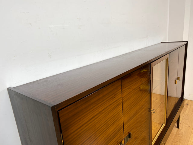 Besonders schöner dunkler Hochglanz Mid-Century Wohnzimmerschrank mit Vitrine und Schubladen I Schrankwand Highboard Sideboard Buffet Anrichte Wohnwand Vintage 50er 60er I
