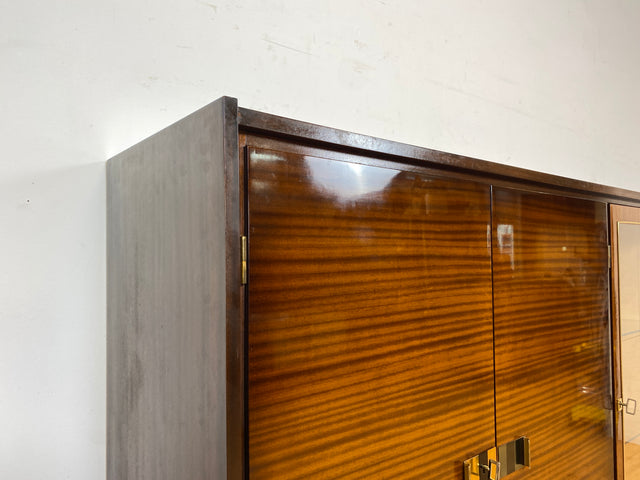 Besonders schöner dunkler Hochglanz Mid-Century Wohnzimmerschrank mit Vitrine und Schubladen I Schrankwand Highboard Sideboard Buffet Anrichte Wohnwand Vintage 50er 60er I