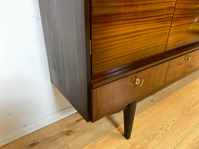 Besonders schöner dunkler Hochglanz Mid-Century Wohnzimmerschrank mit Vitrine und Schubladen I Schrankwand Highboard Sideboard Buffet Anrichte Wohnwand Vintage 50er 60er I